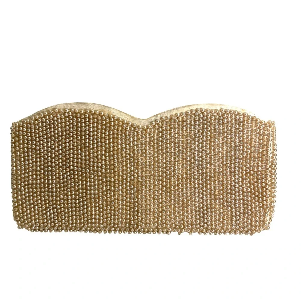 Vintage Faux Pearl Beaded Clutch Purse‎ Flower Zip Top Champagne Beige Bridal